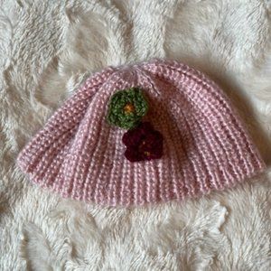 Hand knit Pink Baby hat with Crochet Flowers New